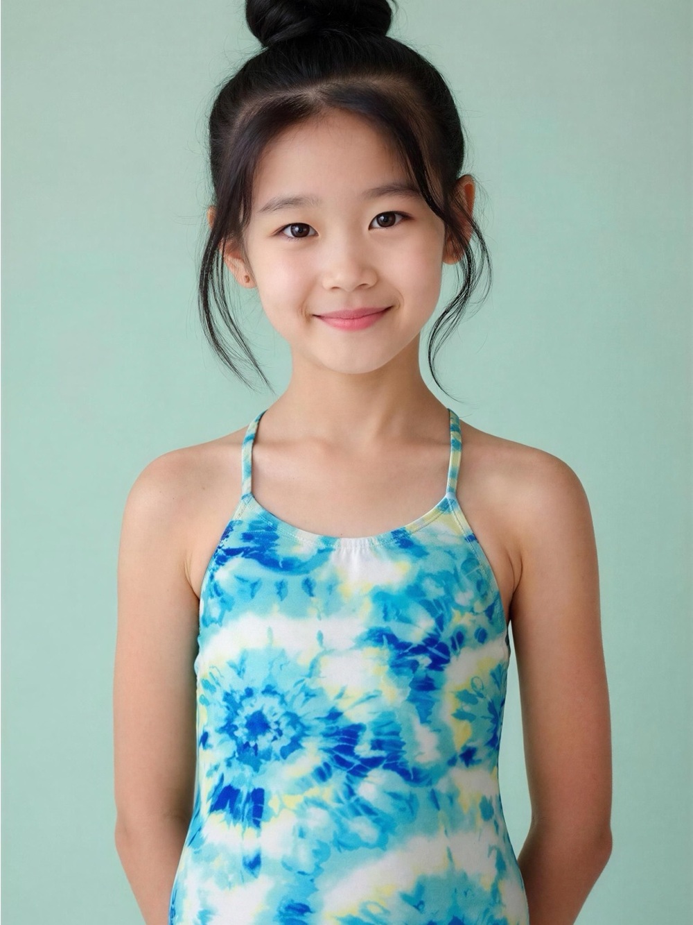 Girls Blue Tie-Dye One-Piece Swimsuit with Thin Straps